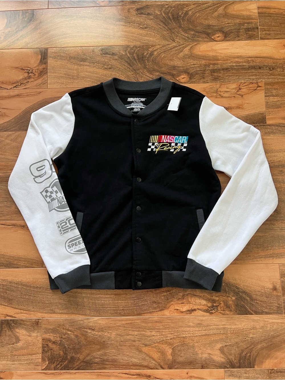 NASCAR Racing Varsity Jacket Youth XL 18-20 Snap Front Fleece NWT Black Graphic